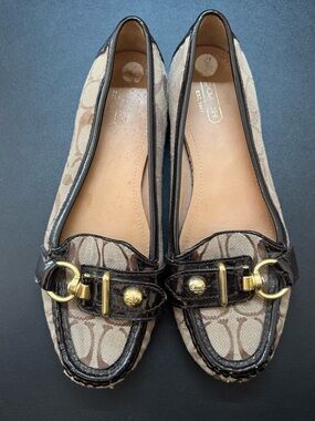Coach Brown Signature Canvas Flats with Gold Buckle